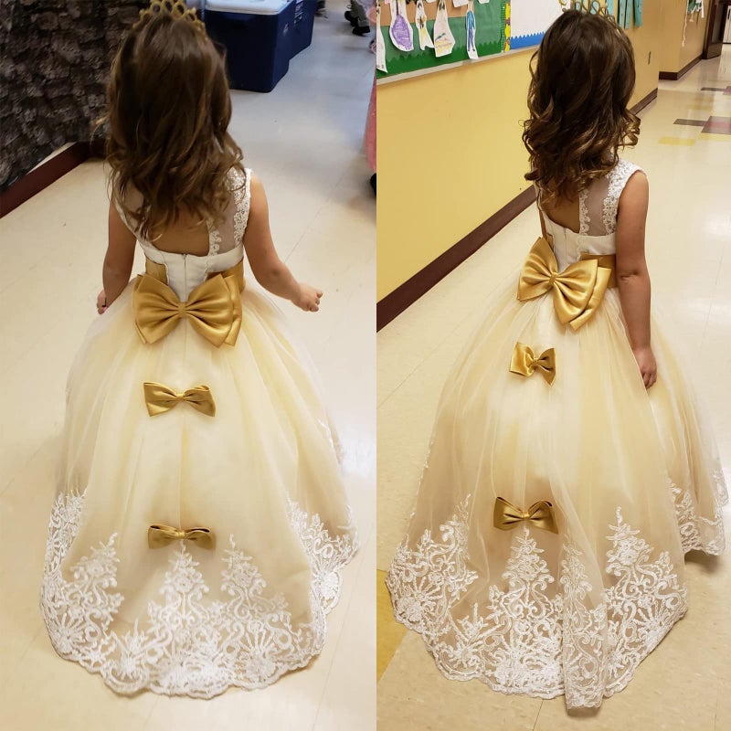 WDE Princess Gold Long Girls Pageant Dresses Kids Prom Puffy Tulle Ball Gown US 4 - Image 4